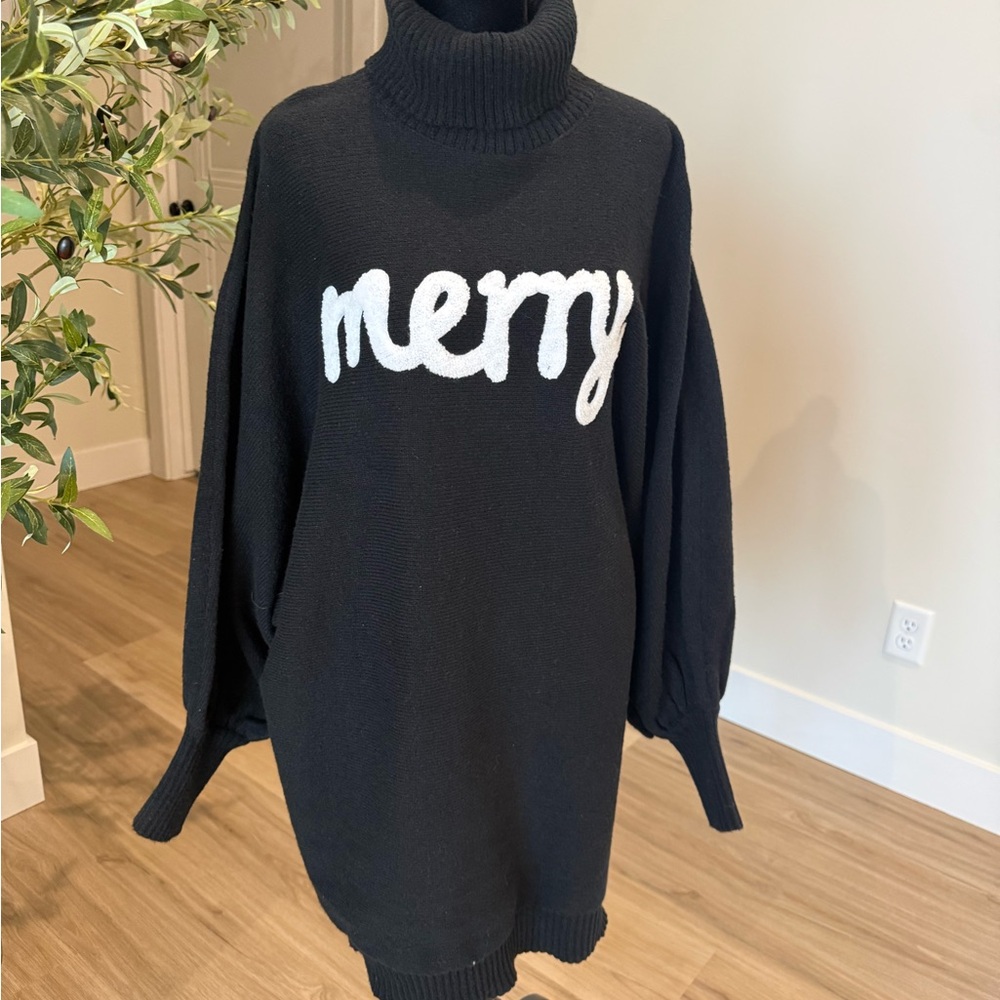 Black Turtleneck Sweater with 'Merry' Design